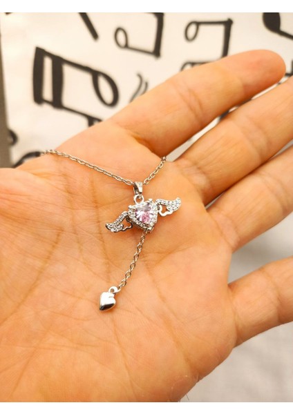 Çelik Zirkon Taşlı Kanatları Hareket Edebilen Sevgi Meleği Gümüş Kolye - Kalpli fiyatları