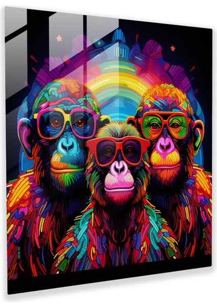 3 Maymun Neon Cam Baskı - 3 Maymun, Cam Sanatı, Cesur Desenler, Ev Dekorasyonu, 30X30