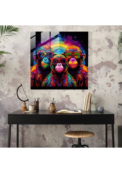 3 Maymun Neon Cam Baskı - 3 Maymun, Cam Sanatı, Cesur Desenler, Ev Dekorasyonu, 30X30