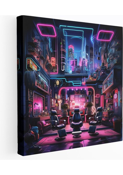 Fütüristik Barber Şehir Manzarası Kanvas Tablo - Berber, Kanvas Tablo, Neon Işıklı Şehir Manzarası, Kanvas Tablo, 30X30