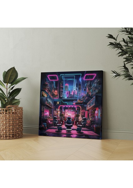 Fütüristik Barber Şehir Manzarası Kanvas Tablo - Berber, Kanvas Tablo, Neon Işıklı Şehir Manzarası, Kanvas Tablo, 30X30 fiyatları