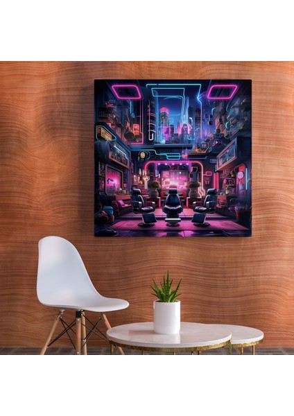 Fütüristik Barber Şehir Manzarası Kanvas Tablo - Berber, Kanvas Tablo, Neon Işıklı Şehir Manzarası, Kanvas Tablo, 30X30 modelleri