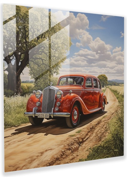 Doğanın Klasikleri Cam Baskı - Sakin Kırsal Cam Duvar Tablosunda Klasik Arabanın Titizlikle Detaylı Tasviri, 30X30