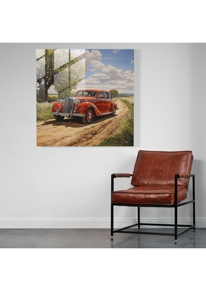 Doğanın Klasikleri Cam Baskı - Sakin Kırsal Cam Duvar Tablosunda Klasik Arabanın Titizlikle Detaylı Tasviri, 30X30 fiyatları