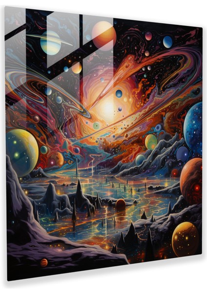 Yüzen Gezegenler ve Tuhaf Yaratıklar ile Galaksinin Muhteşem Gerçeküstü Yağlıboya Cam Baskı - Ev Dekorasyonu, 30X30