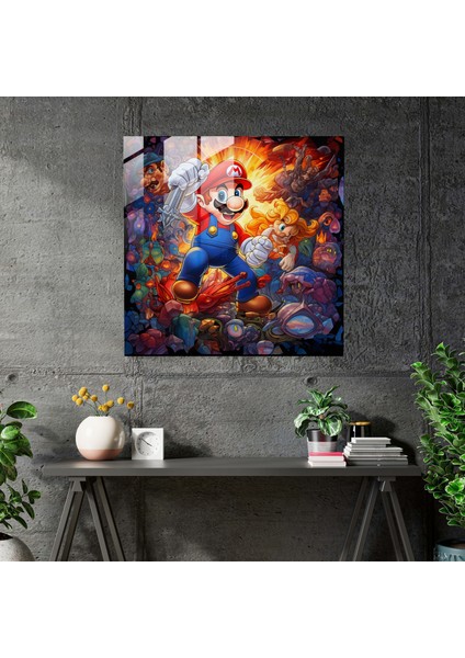 Süper Mario Karakterlerinin Renkli Patlamasını Içeren Büyüleyici Vitray Baskı, 30X30 fiyatları