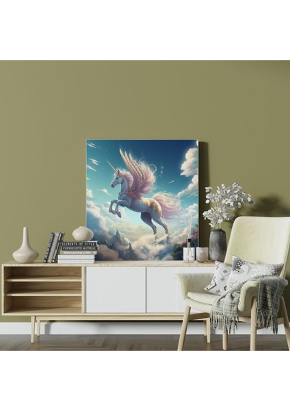 Büyülü Tek Boynuzlu At Kanvas Tablo - Kabarık Beyaz Bulutlardan Oluşan Gökyüzünde Süzülen - Tek Boynuzlu At, Duvar Sanatı, Hayal Gücü, Duvar Dekorasyonu, 30X30