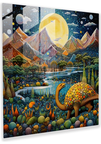 Fantastik Manzara Cam Baskı Duvar Sanatı - Gizli Dinozorlarla Noktacılık Başyapıtı, 30X30