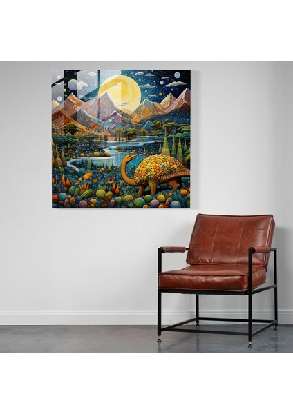 Fantastik Manzara Cam Baskı Duvar Sanatı - Gizli Dinozorlarla Noktacılık Başyapıtı, 30X30 modelleri