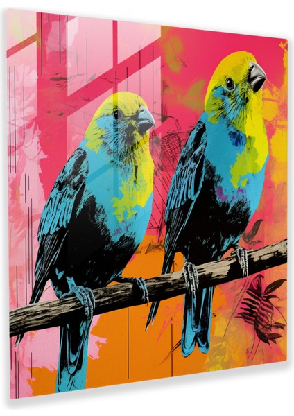 Şakacı Pop Art Cam Baskı - Kalın Arka Plan Üzerinde Canlı Kuşlar, 30X30