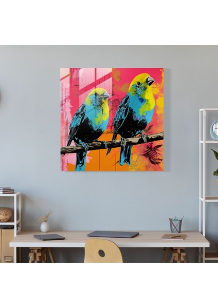 Şakacı Pop Art Cam Baskı - Kalın Arka Plan Üzerinde Canlı Kuşlar, 30X30 fiyatları