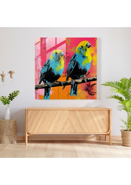 Şakacı Pop Art Cam Baskı - Kalın Arka Plan Üzerinde Canlı Kuşlar, 30X30 modelleri