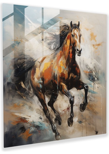 Fırtınalı Çölde Dörtnala Koşan Soyut Atın Etkileyici Cam Baskısı - Modern Sanat Eseri, 70X70