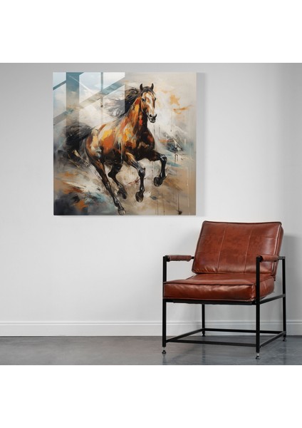 Fırtınalı Çölde Dörtnala Koşan Soyut Atın Etkileyici Cam Baskısı - Modern Sanat Eseri, 70X70