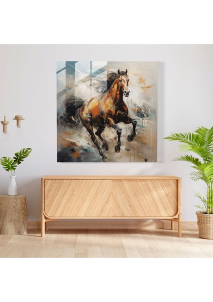 Fırtınalı Çölde Dörtnala Koşan Soyut Atın Etkileyici Cam Baskısı - Modern Sanat Eseri, 30X30
