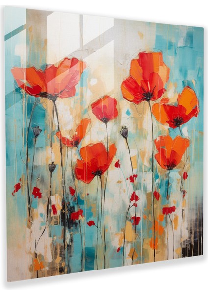 Soyut Haşhaş Tarlası Cam Baskı Sanat Eseri - Modern Duvar Dekoratif Parça, 30X30