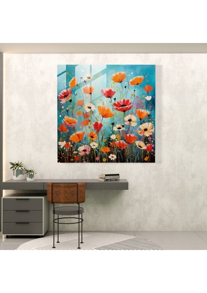 Dinamik Çiçek Cam Baskı - Modern Bir Yönlü Yabani Gelincik Tarlası - Cam Duvar Sanatı - Ev Dekorasyon - Duvar Dekoru - Cam Sanatı - Modern Sanat Eseri, 50X50 modelleri