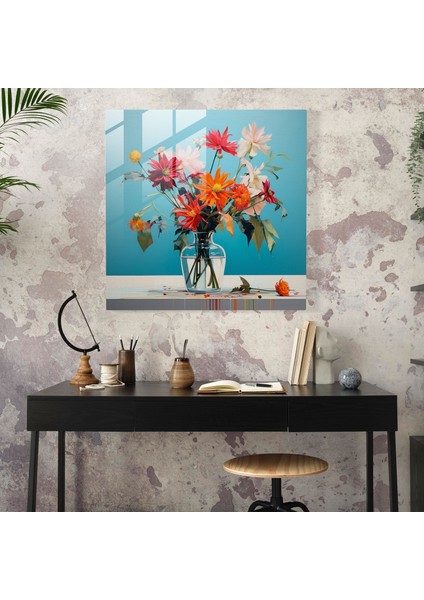 Blooming Serenity Cam Baskı - Çağdaş Natürmort Tabloda Canlı Çiçek Aranjmanı - Minimalist Ortam, 30X30