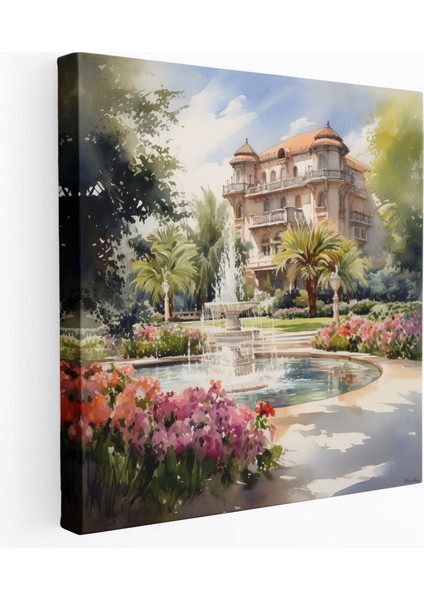 Suluboya Otel Bahçesi Tablosu Kanvas Tablo - Otel, Kanvas Tablo, Duvar Sanatı, Otel Teması, 30X30