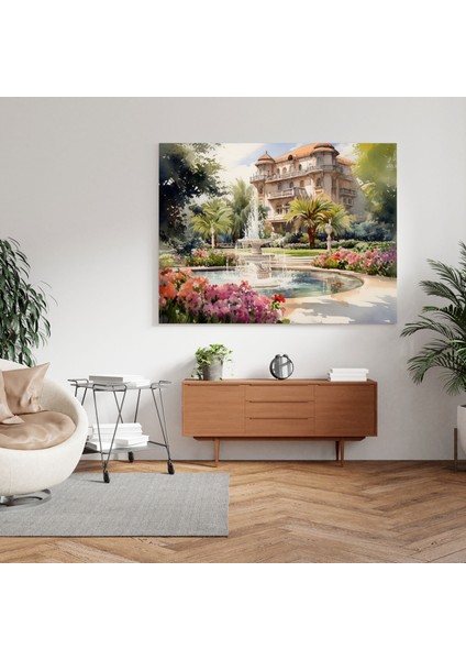 Suluboya Otel Bahçesi Tablosu Kanvas Tablo - Otel, Kanvas Tablo, Duvar Sanatı, Otel Teması, 30X30