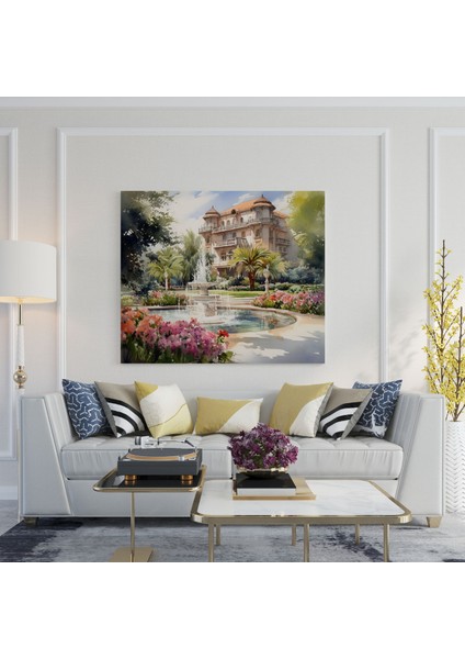 Suluboya Otel Bahçesi Tablosu Kanvas Tablo - Otel, Kanvas Tablo, Duvar Sanatı, Otel Teması, 30X30