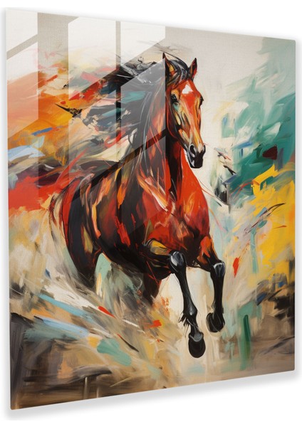 Enerjik Ekspresyonist Cam Baskı - Ateşli Manzarada Dörtnala Koşan At, 30X30