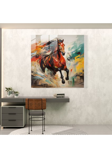 Enerjik Ekspresyonist Cam Baskı - Ateşli Manzarada Dörtnala Koşan At, 30X30 fiyatları
