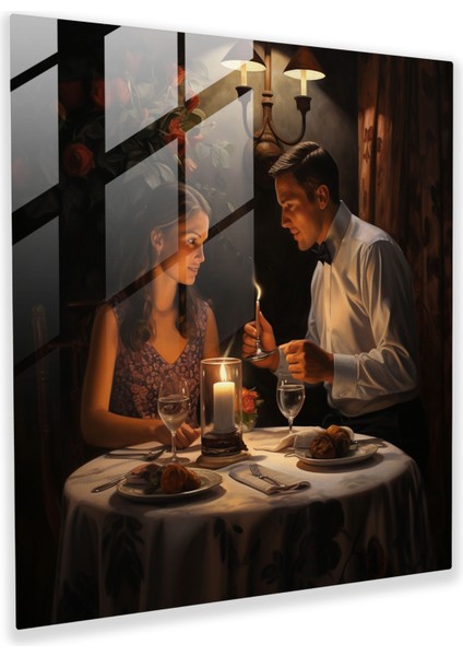 Romantik Mum Işığında Akşam Yemeği Cam Baskı - Romantik, Gerçekçi Yağlıboya Tablo, Samimiyet, Mum Işığında Akşam Yemeği, 30X30