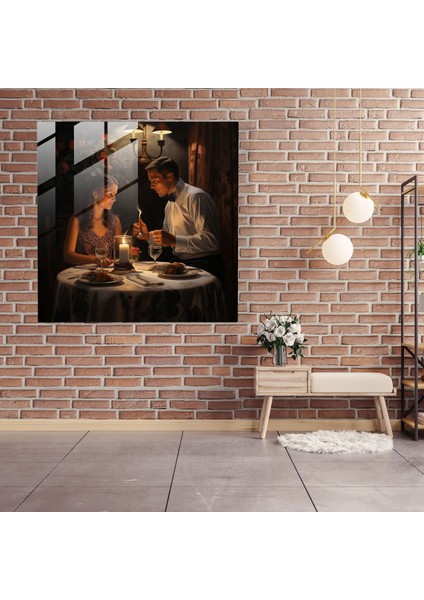 Romantik Mum Işığında Akşam Yemeği Cam Baskı - Romantik, Gerçekçi Yağlıboya Tablo, Samimiyet, Mum Işığında Akşam Yemeği, 30X30