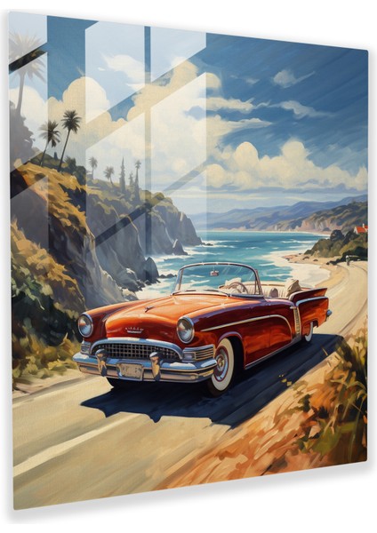 Sanatsal Cam Baskı - Vintage Cabrio Seyir Sahil Yolu Cam Duvar Sanatı, 30X30