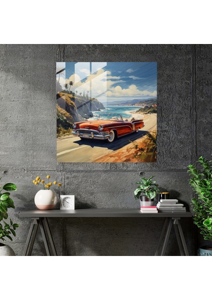 Sanatsal Cam Baskı - Vintage Cabrio Seyir Sahil Yolu Cam Duvar Sanatı, 30X30 fiyatları