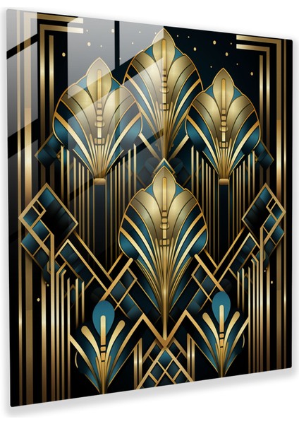 Gösterişli Cam Baskı: Art Deco Tasarımı - Geometrik Şekiller ve Lüks Altın Vurgulardan Oluşan Karmaşık Desen - Cam Duvar Sanatı, Ev Dekorasyonu, Duvar Dekoru, Cam Sanatı, 30X30