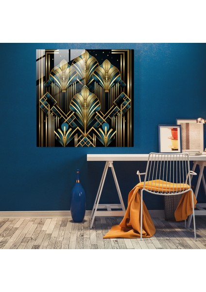 Gösterişli Cam Baskı: Art Deco Tasarımı - Geometrik Şekiller ve Lüks Altın Vurgulardan Oluşan Karmaşık Desen - Cam Duvar Sanatı, Ev Dekorasyonu, Duvar Dekoru, Cam Sanatı, 30X30