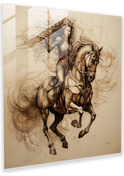 Ayrıntılı Bir At ve Binici Illüstrasyonunu Gösteren Da Vinci'den Esinlenen Eskizin Karmaşık Cam Baskısı Duvar Dekorasyonu Cam Sanatı, 30X30