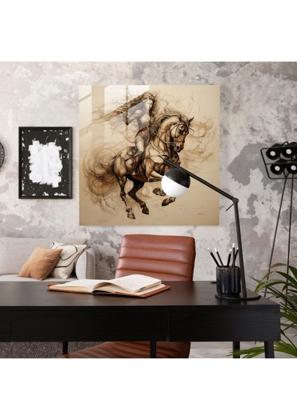 Ayrıntılı Bir At ve Binici Illüstrasyonunu Gösteren Da Vinci'den Esinlenen Eskizin Karmaşık Cam Baskısı Duvar Dekorasyonu Cam Sanatı, 30X30 fiyatları