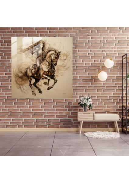 Ayrıntılı Bir At ve Binici Illüstrasyonunu Gösteren Da Vinci'den Esinlenen Eskizin Karmaşık Cam Baskısı Duvar Dekorasyonu Cam Sanatı, 30X30 modelleri