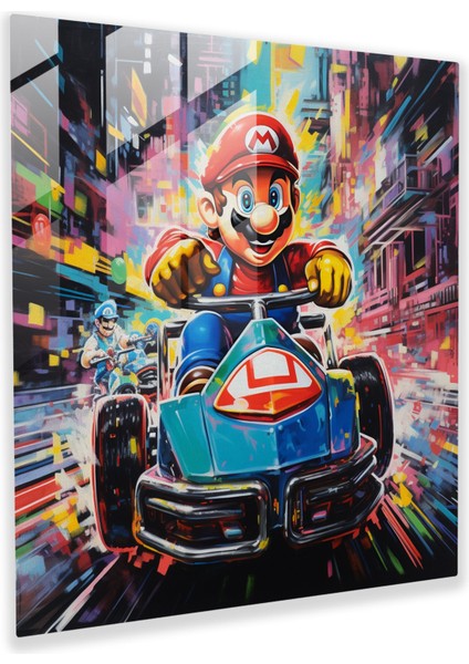 Renkli Pop Art Cam Baskı - Mario ve Luigi Fütüristik Bir Şehirde Yarışıyor - Modern Duvar Dekoru Cam Duvar Sanatı, 30X30