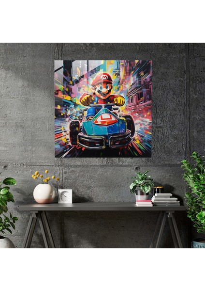 Renkli Pop Art Cam Baskı - Mario ve Luigi Fütüristik Bir Şehirde Yarışıyor - Modern Duvar Dekoru Cam Duvar Sanatı, 30X30