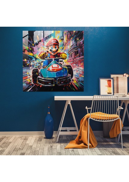 Renkli Pop Art Cam Baskı - Mario ve Luigi Fütüristik Bir Şehirde Yarışıyor - Modern Duvar Dekoru Cam Duvar Sanatı, 30X30
