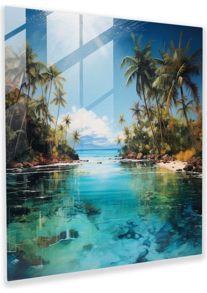 Island Oasis Cam Baskı - Karma Teknik Sanat Eseri Cam Duvar Sanatı - Ev Dekorasyonu, 30X30