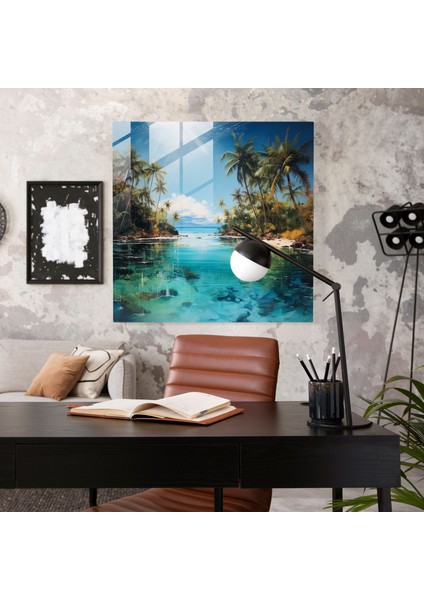 Island Oasis Cam Baskı - Karma Teknik Sanat Eseri Cam Duvar Sanatı - Ev Dekorasyonu, 30X30