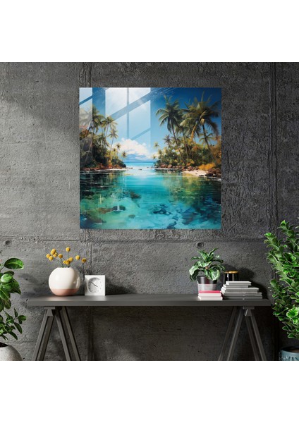 Island Oasis Cam Baskı - Karma Teknik Sanat Eseri Cam Duvar Sanatı - Ev Dekorasyonu, 30X30