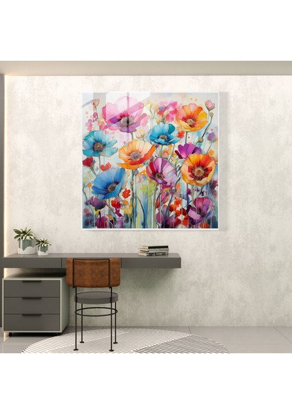 Canlı Çiçek Patlama Cam Duvar Sanatı Dekorasyonu, 30X30