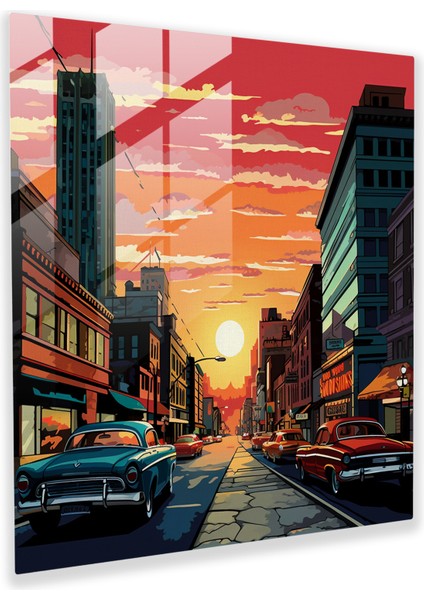 Retro Şehir Manzarası Cam Baskı - Ev Dekorasyonu Için Pop Art Cam Duvar Sanatı, 30X30