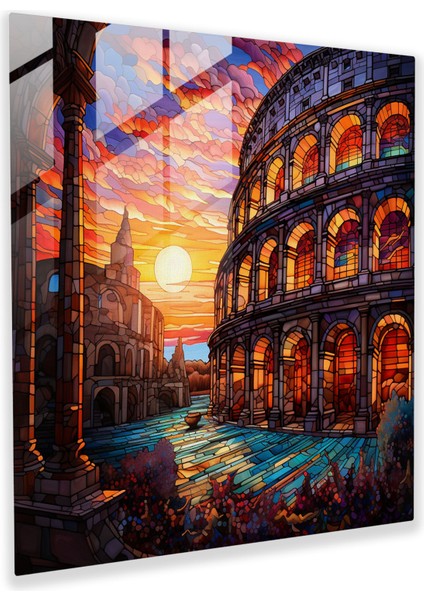 Ethereal Elegance Cam Baskı - Art Nouveau Vitray Roman Colosseum Gün Batımı Duvar Sanatı Dekorasyonu, 30X30