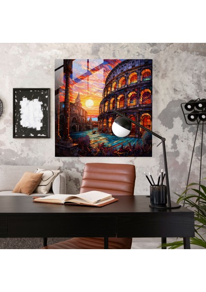 Ethereal Elegance Cam Baskı - Art Nouveau Vitray Roman Colosseum Gün Batımı Duvar Sanatı Dekorasyonu, 30X30 modelleri