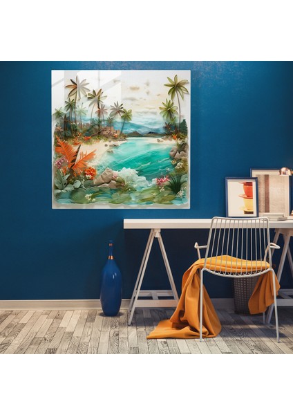 Cennet Adası Cam Baskı - Tropikal, Cam Baskı, Kolaj Çalışması, Cennet Adası, 30X30
