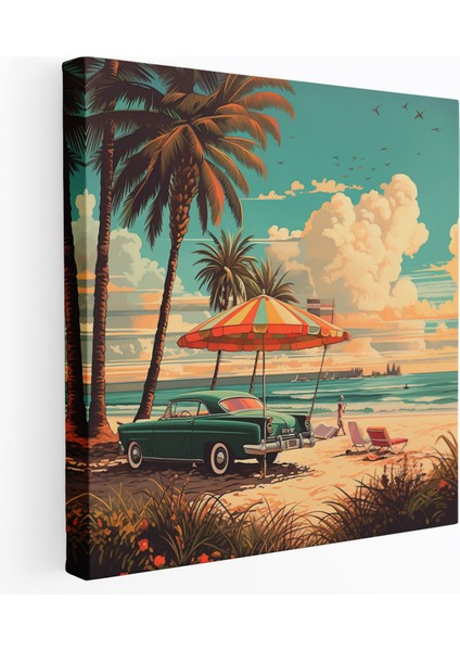 Retro Plaj Manzarası Kanvas Tablo - Retro, Kanvas Tablo, Retro, Ev Dekorasyonu, 70X70