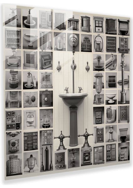 Zamansız Zarafet Cam Baskı - Banyo Için, Klasik Banyo Armatürleri, Vintage Fotoğraflar, Kolaj Sanatı, 30X30