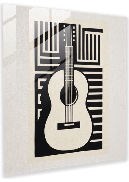 Minimalist Cam Baskı - Boş Kanvas Üzerine Tek Gitar Linocut Baskı - Cam Duvar Tablosu, 30X30